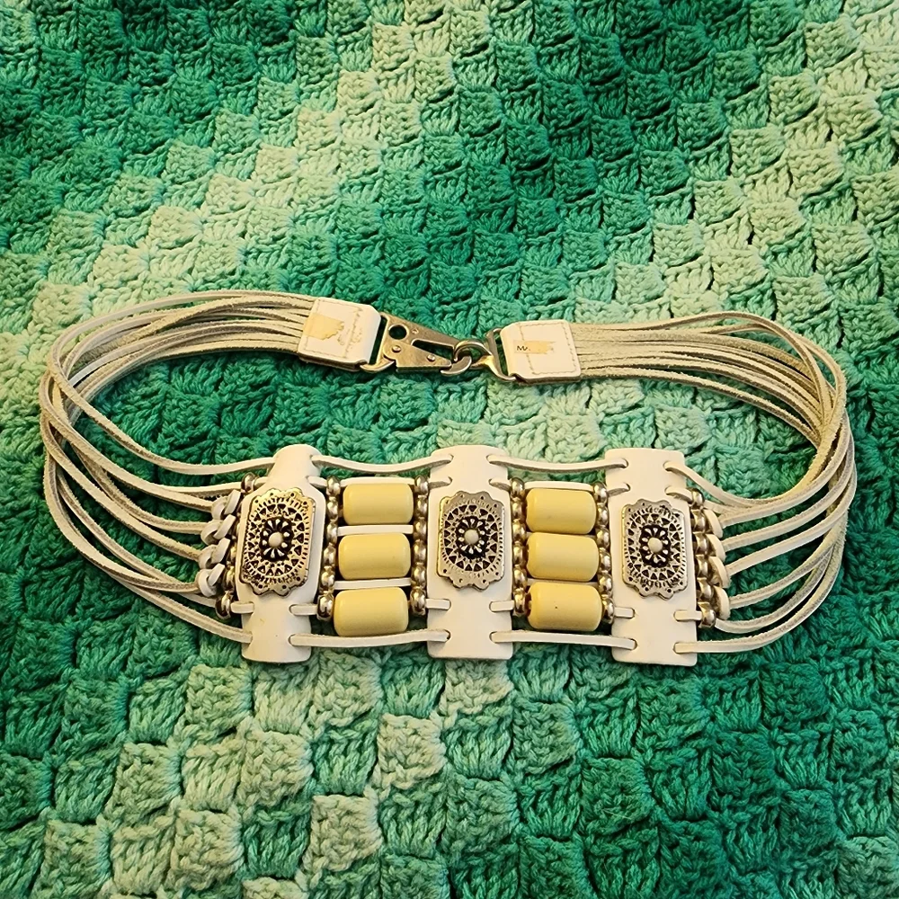 Vintage white leather wide belt bead embellished